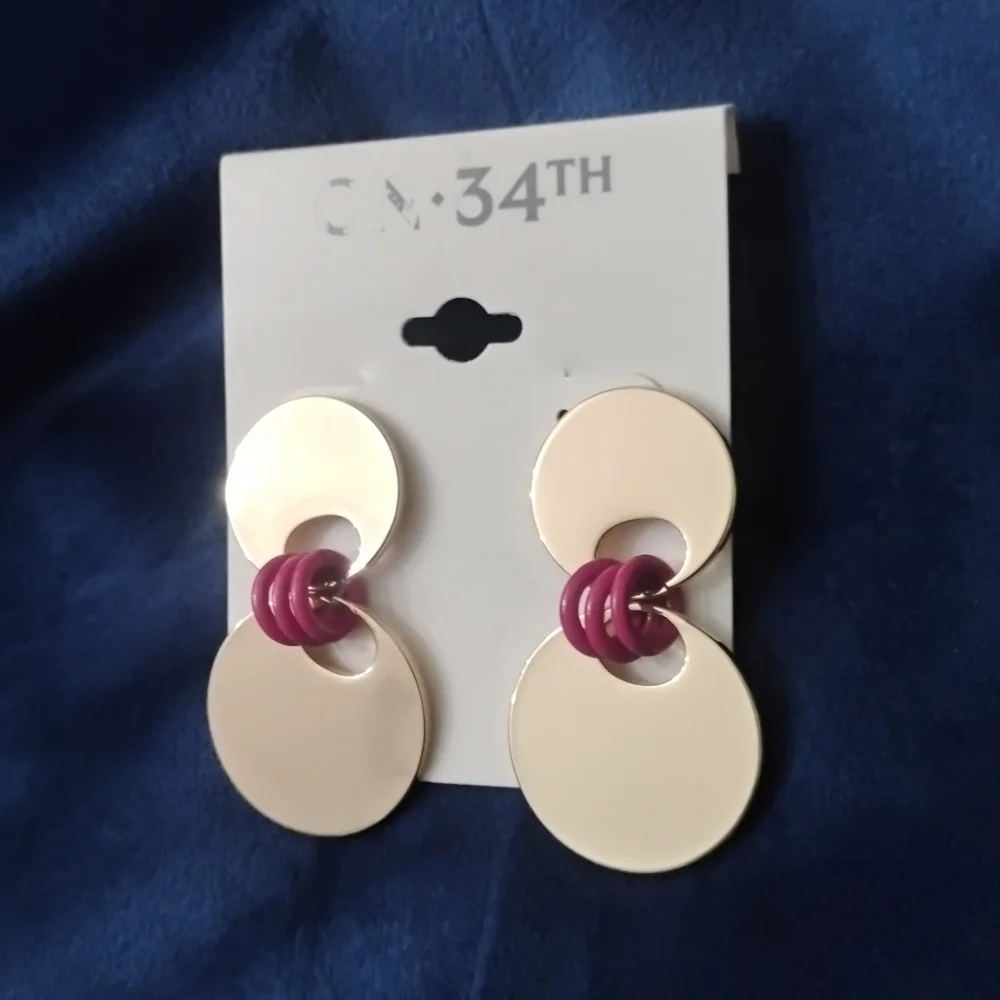 Art Deco Style Drop Earrings with Gold-Tone Disc & Fuchsia Rings by ON 34th NWT